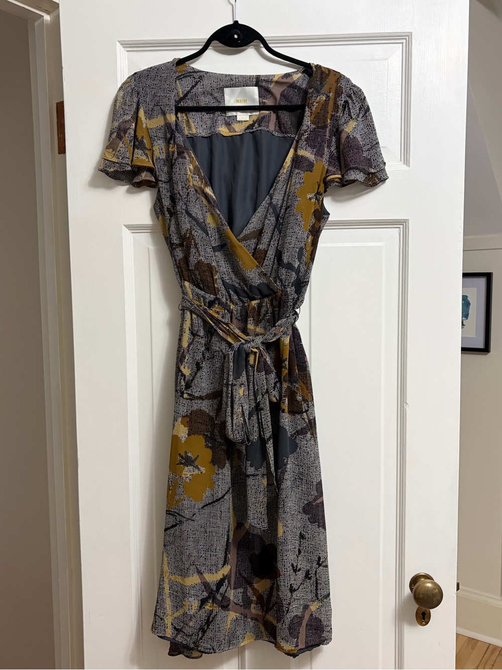 Maeve Gray and Mustard Floral Wrap Midi Dress